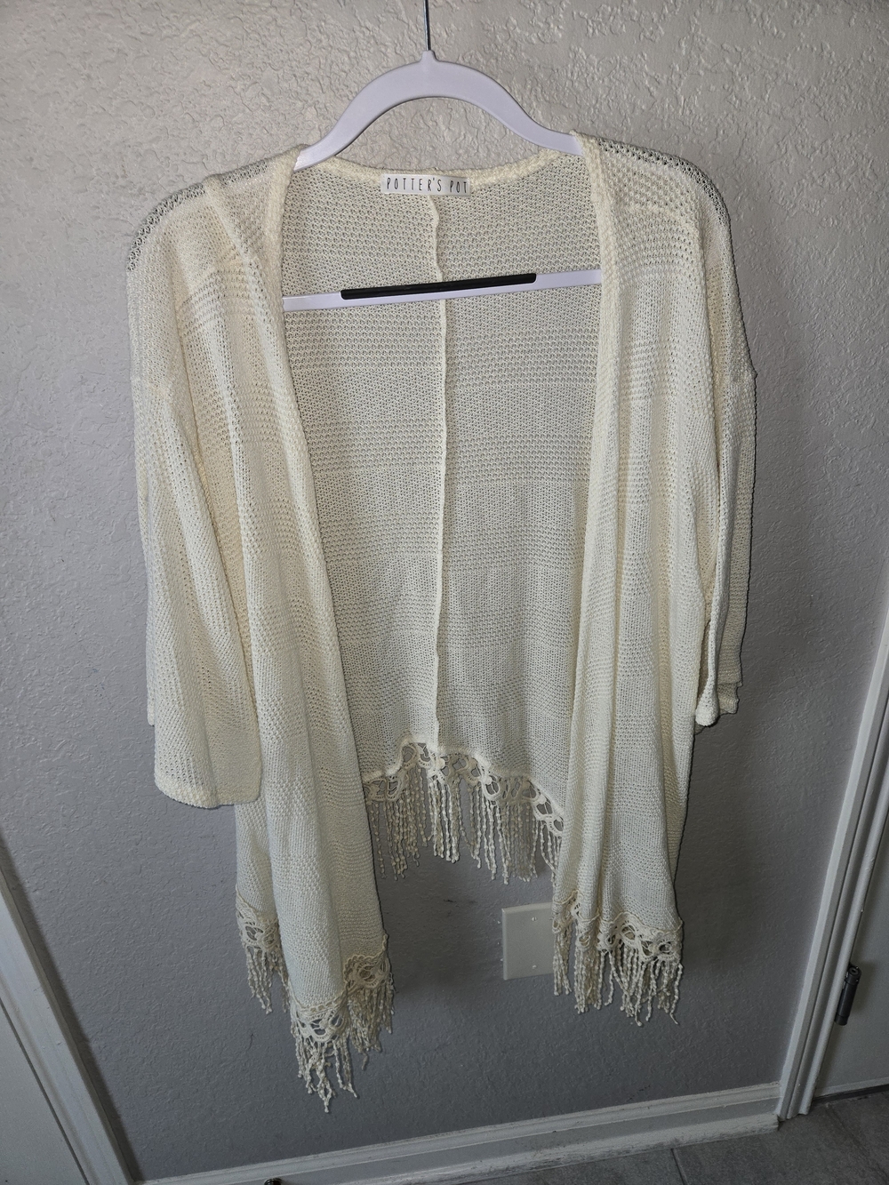 Potter's Pot Cream Boho Crochet Fringe Open Front Cardigan Size L